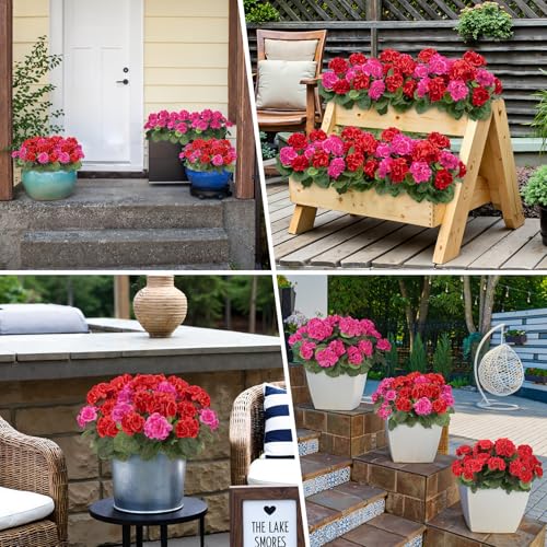 Image of Bassion Artificial Geraniums Flowers for Outdoors Decoration, 4 Pcs, Mixed
