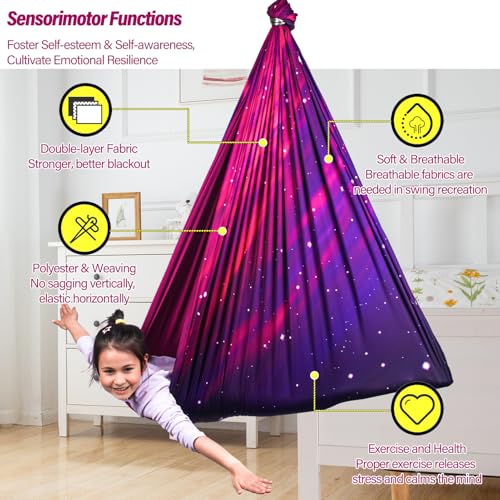 Sensory Swing for Kids & Adults Holds up to 300lbs Indoor & Outdoor Double Layer Therapy Cuddle Swing with 360° Swivel Hanger Kit for Calming, Effect for Autism, ADHD or SPD. (Galaxy Purple) - Image 5