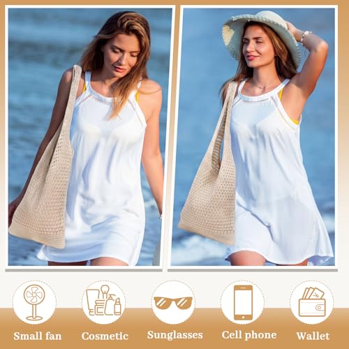 Image of Aliceset 2 Pack Crochet Mesh Beach Tote Bag with Letter Patch Pocket Summer Beach Tote Bohemian Straw Transparent Bag