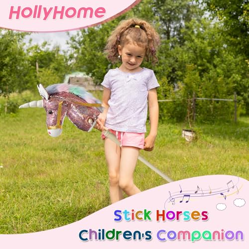 HollyHOME Sequin Unicorn Stick Horse Handcrafted Hobby Horse on a Stick with Wood Wheels Real Pony Neighing and Galloping Sounds Plush Unicorn Toy Pink 36 Inches(AA Batteries Required) - Image 5