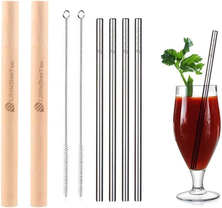 LittleBeeTek Reusable Stainless Steel Drinking Straws with 2 Wooden Cases, 4 Pack 8.5 Inch Wide Mounth Straws & 2 Cleaning Brushes & 2 Wooden Cases, Fit for Yetis & Ozark Tumblers