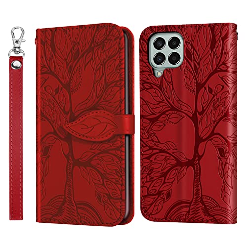 Rostsant Funda para Samsung Galaxy M53 5G Árbol en Relieve Carcasa de Cuero PU Funda Teléfono Billetera para Samsung Galaxy M53 5G - Rojo