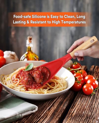 Image of Cooking Spoon for Nonstick Cookwares, Great for Cooking and Serving Sturdy BPA-Free Matte Silicone, Wood Handle Spoon for Mixing, Scoop, and Scrape (Black & Red, 11.4 inch)