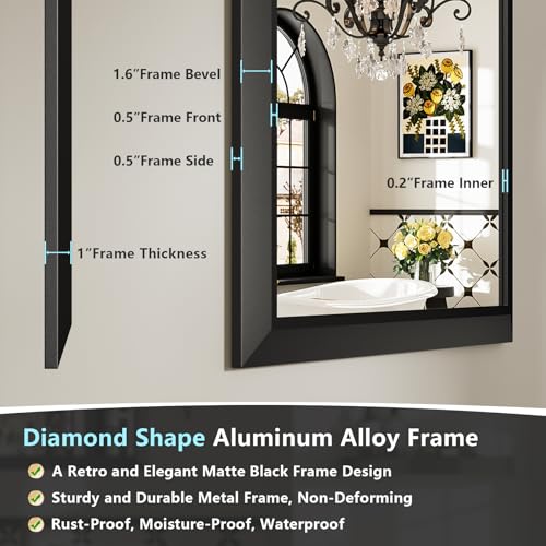 Image of 20x28 Inch Black Bathroom Mirror for Wall, Beveled Framed Rectangle Bathroom Vanity Mirrors for Over Sink, Bedroom, Living Room, Entryway, Anti-Rust, HD Tempered Glass, Horizontally /Vertically