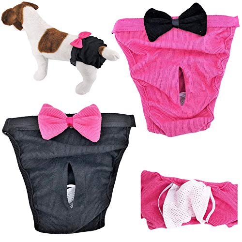 FunnyDogClothes Paquete de 2 pañales para perros hembra, niña, gato, cachorro, para mascotas pequeñas y grandes, 100% algodón, color rosa y negro (XS/S: cintura de 8 a 13 pulgadas)