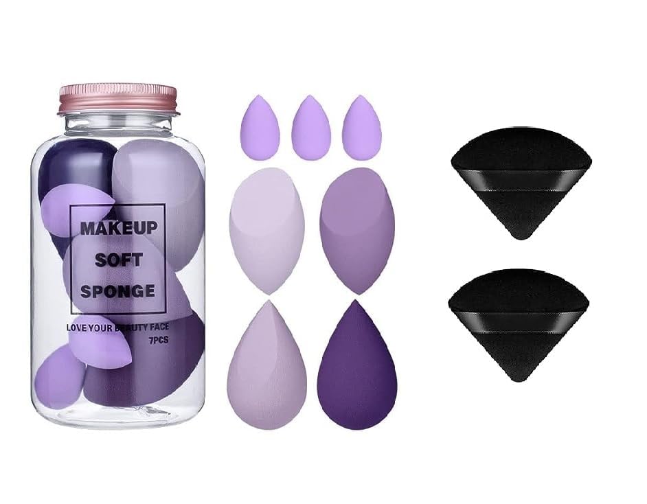 Image of SUNISA Makeup Sponge Set Beauty Blender with Egg Case, Soft Sponge Liquid Foundation, Creams, (Multicolor 4 Big + 3 Mini -7 Pcs set) with 2 Pcs Makeup Puff Triangle Powder Puff(BLACK) (TRAINGLE)