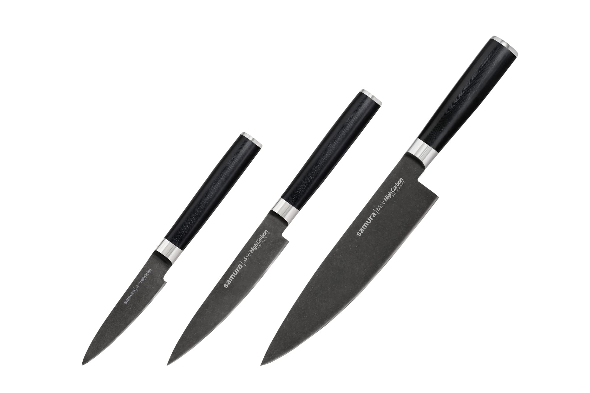 Samura MO-V Stonewash Set of 3 kitchen knives: Stonewash Paring knife, Stonewash Utility knife, Stonewash Chef's knife