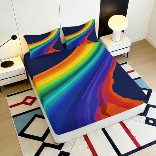 Drap housse 3D imprimé arc-en-ciel lavable en microfibre douce - 6