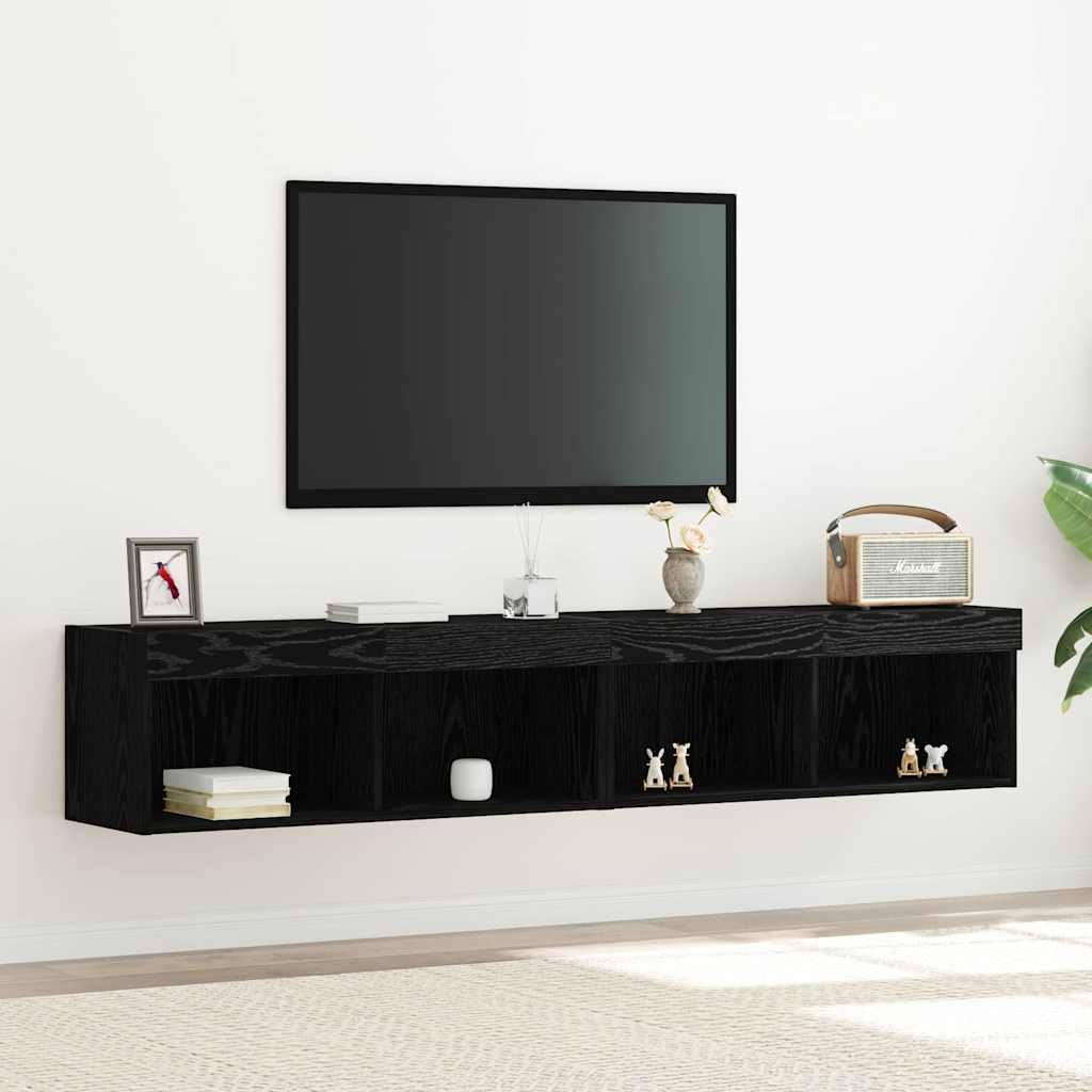 Meuble TV mural LED chêne noir pour ranger vos câbles et purifier l'espace du salon