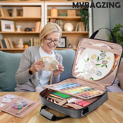 Image of MYBAGZING | Large Embroidery Project Bag - Cross Stitch Supplies Organizer - Embroidery Kits Bag - Storage & Organizer for Floss, Loops