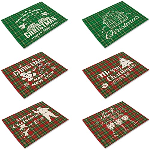 HACASO Set mit 6 Tischsets mit Weihnachtsmann-Motiv, Schneemann, kariert, rutschfest, hitzebeständig, waschbar, Baumwollleinen, Tischsets für Zuhause, Küche, Weihnachten, Tischdekoration (Xmas 15) Cover