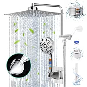 12″ Shower Head Rain Shower Head with Handheld Dual Filter for Hard Water Rainfall Showerhead with 10 Setting Handheld Built-in 2 Power Wash with 12″ Extension Arm,79″ Hose, 4 Hooks & Extra Cartridges