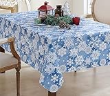 Picture of Newbridge Winter Holiday Blue Snowflakes Vinyl Tablecloth with Flannel Backing, 60 x 120 Rectangle, Wipe Clean Flannel Backed Holiday Table Cover, Snowflake Print for Christmas and Winter Dining