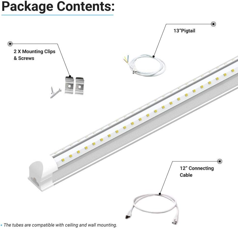 LEDMyplace V-Shape Integrated T8 8ft LED Tube Lights - Linkable 60W Lights, 7200 Lumens, 5000K Daylight White, Wide Beam Angle, High CRI, Light Fixture for Garage, Workshop, Warehouse (10-Pack)