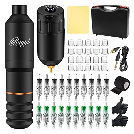 Tattoo Pen Kit - Rayyl Tattoo Machine Pen Kit Japansk Motor Tattoo Gun Pen Trådlös Tatuering Strömförsörjning 20st Tatueringskassett Nålar Tattoo Grip Tape Tattoo Kit med Tattoo Case