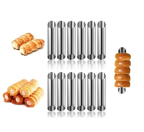 COMZPLIFE 12pcs Cannoli Tubes, Stainless Steel Cannoli Forms Tubes Kits, Roll Horn Forms, Non-stick Baking Molds for Cannoli Shell, Brioche Rolls, Croissant Toas, Cream Roll, Croissant(Round)