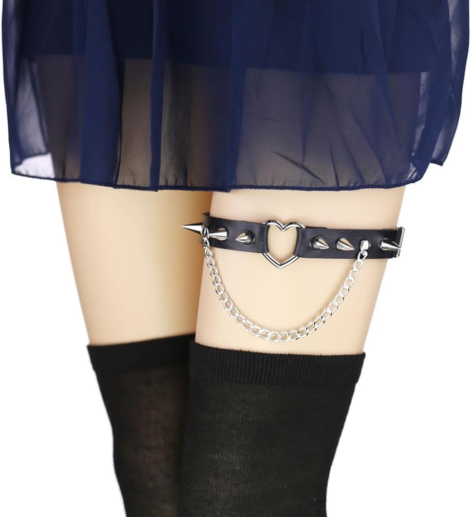 Women Thigh Garters Belt Punk Rock Rivet Stud Leather Leg Ring Harness Belt,Yellow