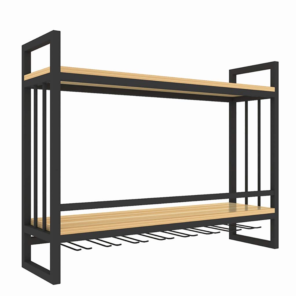 Wrought Iron Wall-Mounted Wine Rack, Metal Hanging Wine Glass Rack, Wine Rack with Wine Glass Rack, Wooden Double-Layer Shelf Display Rack (Size : 60x20x61cm)
