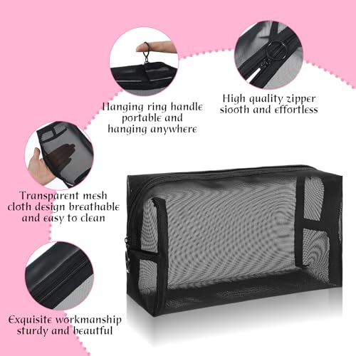 6Pcs Mesh Makeup Bags Mesh Cosmetic Bag Travel Pouches for Toiletries, Portable Mesh Bags with Zipper Cosmetic Makeup Organizer Pouch for Women Home Travel Ofiice Pencil Case (S, L, M, Black)3