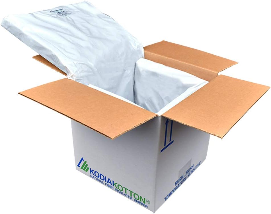 KODIAKOTTON Insulated Cold Shipper - SMALL - Assembled box kit with KWICKPACK liner and gel pack - (9"x9"x9" inside) - From KODIAKOOLER - Recyclable and Better Than Foam Coolers