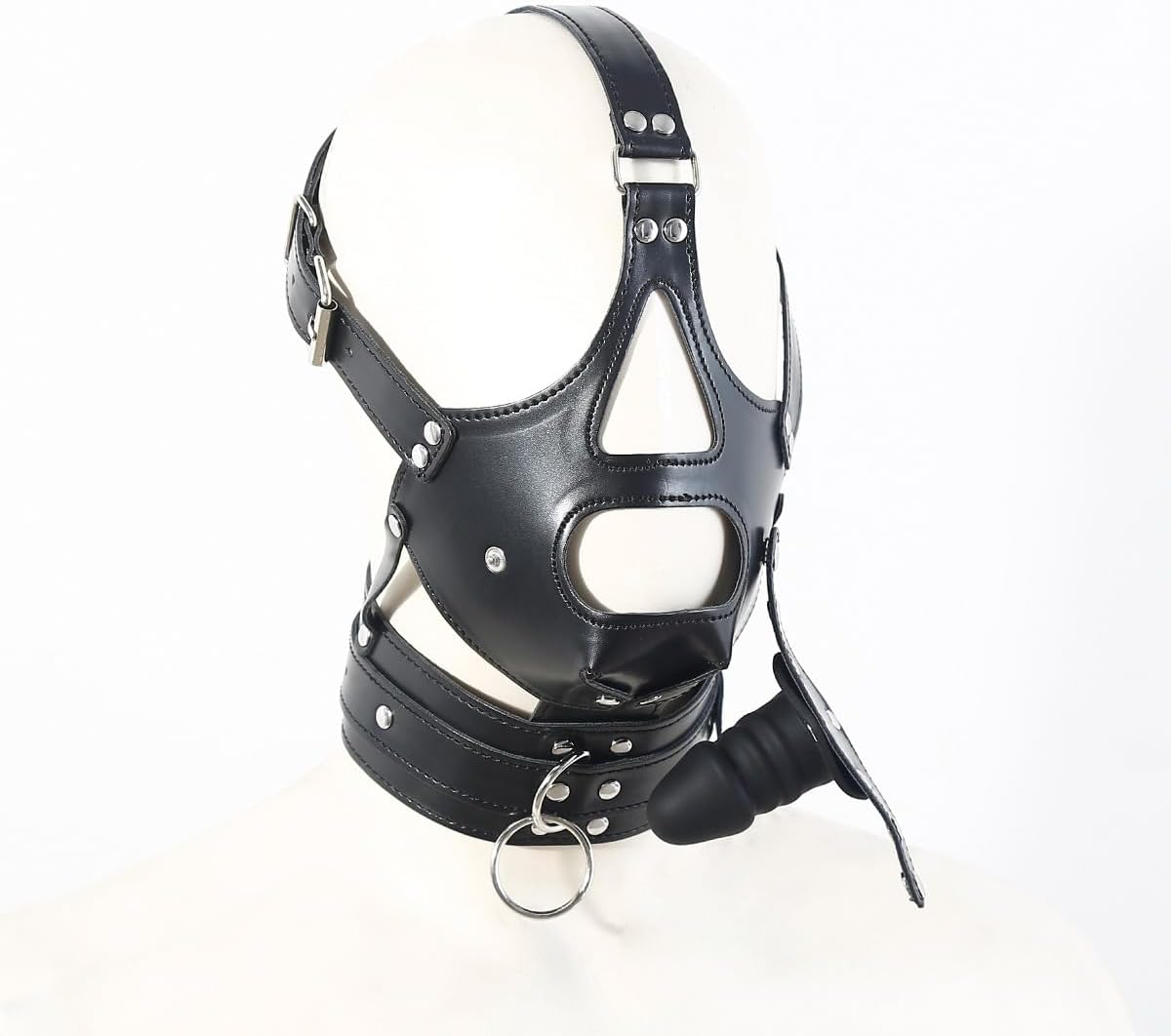 SM Leather Breathable Face Mask, Head Harness with Detachable Dildo, BDSM Adjustable Masquerade Full Face Head Mask Adult Sex Fetish Toys.