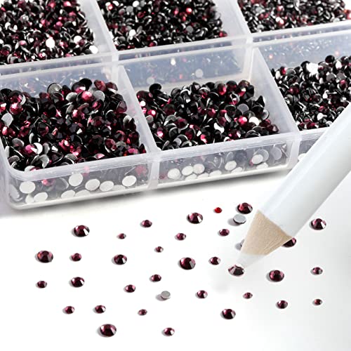 Image of Beadsland 7200pcs Flatback Rhinestones,Burgundy Rhinestone Nail Gems Round Crystal Rhinestones for Crafts,Mixed 6 Sizes with Wax Pencil Kit, SS3-SS10,Amethyst | Glass Nail Gems, Round Crystal, With Wax Pencil Kit, SS3-SS10, Burgundy