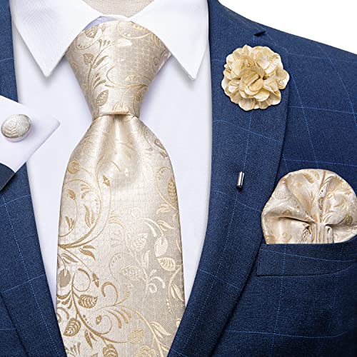 Dibangu Mens Silk Beige Paisley Tie And Lapel Pin Set Formal Necktie Brooch Handkerchief Cufflinks Wedding #TOP1