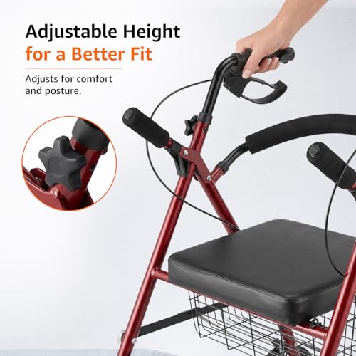 Image of Amazon Basics Adjustable Rollator Walker | Foldable Walking Aid with Seat & Backrest | Height-Adjustable Steel Frame with Large Wheels | Indoor & Outdoor Use