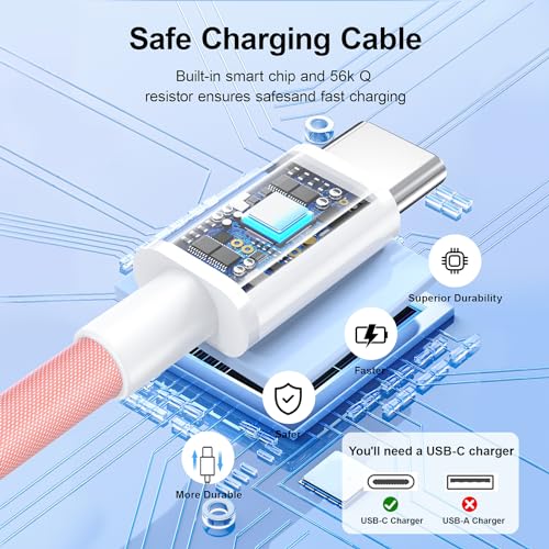 2Pack USB C to USB C Charger Cable 6FT for iPhone 15 Charger USB C Cable 60W USBC Type C Fast Charging Cord Compatible with Samsung/MacBook/Google/Pro/Plus/Android/LaptopCell Phone Charger Cable — view 3