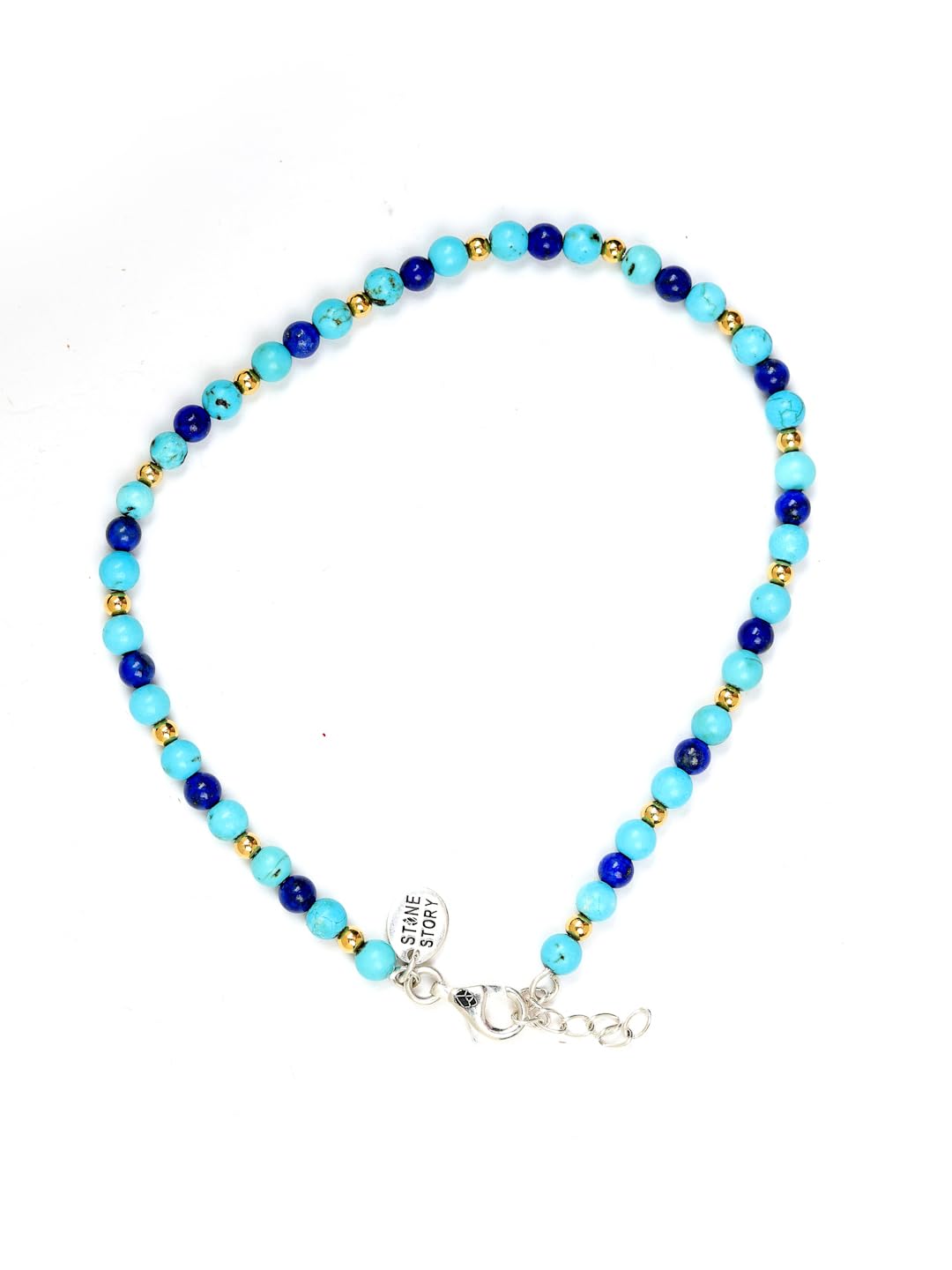 Women's Handmade 15.1g Turquoise & Lapis Lazuli Multi-Stone Anklet with Sterling Silver Rhodium-Plated Logo Tag, Adjustable Chain, and Secure Lobster Clasp Lock