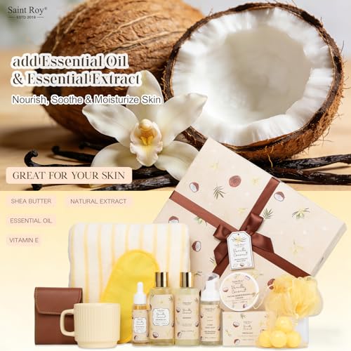 Image of 33 Pcs Coconut Vanilla Spa Gift Basket for Women & Men, Face Skin Care Set, XXL Bath & Body Set, Self Care Pamper Kit, Manicure Set, Birthday, Christmas, Valentines, Mother Day, Anniversary