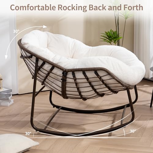 Villeston Outdoor Papasan Rocking Chair - Oversized Comfy Patio Chair Indoor Egg Royal Rattan Rocking Chair with Cushion for Front Porch Lounge Lawn Bedroom Living Room (White Teddy)