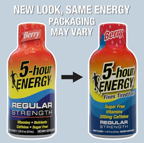 5-hour ENERGY Shots Regular Strength, Berry Flavor, 30 Count, 1.93 Fl Oz, Sugar Free, Zero Calories, Amino Acids and Essential B Vitamins, Dietary Supplement, Feel Alert and Energized, 200 mg Caffeine