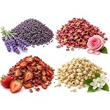 Ambientador de Flores Secas Perfumadas (Pack 4 x 70g) - Potpourri Aromático Decorativo para Armarios, Cajones y Hogar - Aromas Lavanda, Rosa, Fresa y Jazmín - Hecho en España