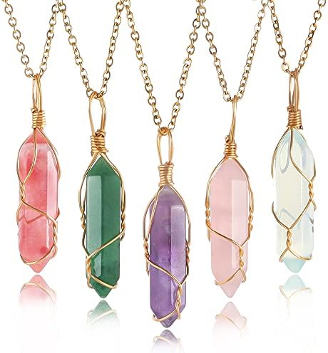Lezam 5 Pcs Natural Hexagonal Crystal Necklace for Women Reiki Healing Crystals Pendant with Tree Wire Wrapped Gemstone Quartz Stone Pendants Necklaces for Girl