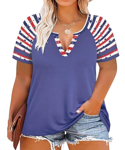 Image of CARCOS Plus Size Tops for Women Short Sleeve Summer Pullover Color Block Crewneck /V Neck Tee Tunic Loose Fit Tshirts XL-5XL