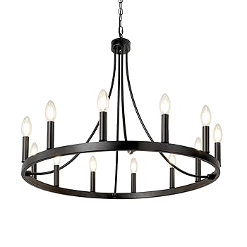 LynPon Black Wagon Wheel Chandelier, 12 Lights Rustic