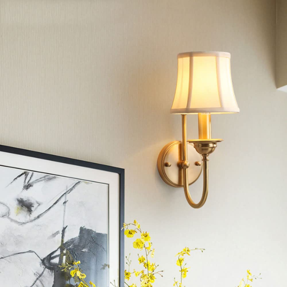 Wall Lamp E14 Retro Fabric Light Single Head Full Copper Sconce Simple Living Room Decorative Lantern American Style Country Bedroom Balcony Corridor Fixture