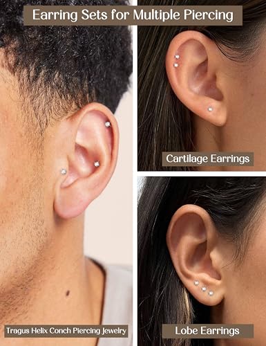 ORAZIO 6 Pairs Tiny 2mm Stainless Steel Stud Earrings For Mens Womens CZ Round Ball Cartilage Earrings Set4