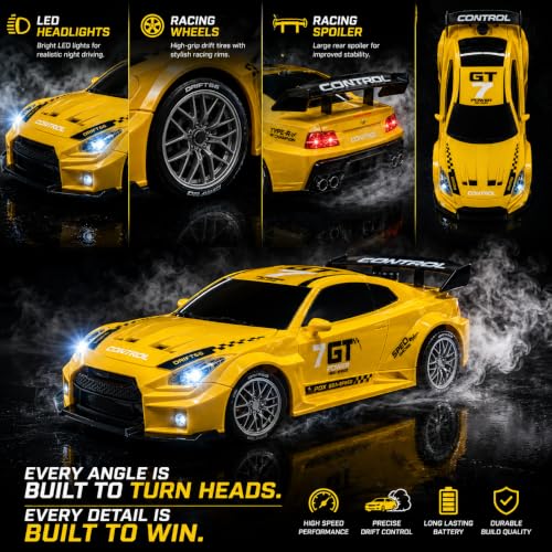 Image of Yellow Remote Control Car Toy | Nissan GT | Rechargeable Remote Control Car | 2.4G Remote Control | Tire Replacement | High Speed Motor | 100m Range | LED Light | Birthday Gift for Kids