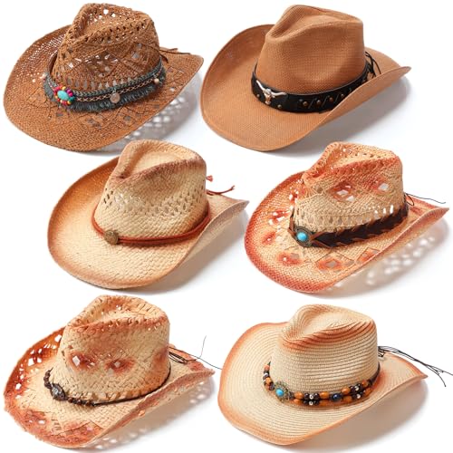 Image of JaGely 6 Pcs Men's Women's Straw Cowboy Hat Adjustable Western Cowgirl Classic Retro Woven Cowboy Hat with Wide Brim