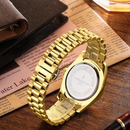 Image of London Fog Oxford Collection Analog Quartz Watch for Men with Round Dial and Stainless Steel Strap, Fluted Metal Case, Day & Date Display, Luminous Hands & Hour Markers & Water Resistant
