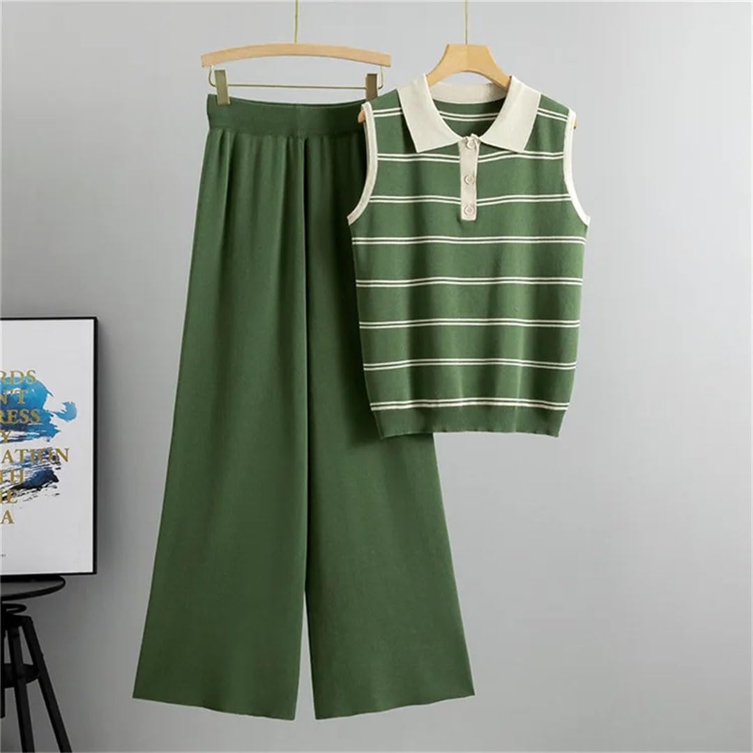 Top a righe da donna in maglia con colletto a polo senza maniche set da 2 pezzi maglieria maglione tee abiti a vita alta gamba larga pantaloni