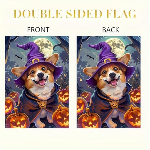 Image of Halloween Decorations Outdoor Garden Flag 12x18 Inch Double Sided Corgi Dog Witch Hat Pumpkin Fall Decor Yard Lawn Porch Patio Halloween Garden Flags