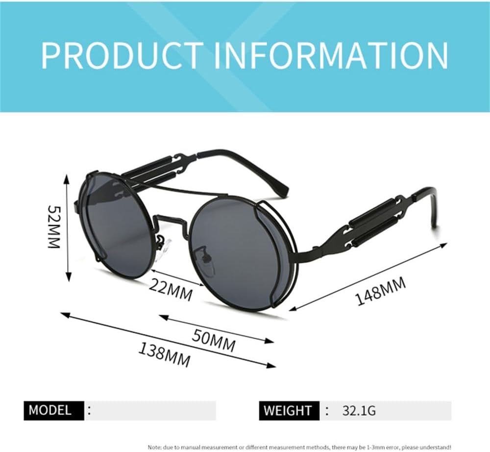 Round Steampunk Sunglasses for Men Double Spring Leg Glasses Metal Punk Eyewear Gothic Style Uv400