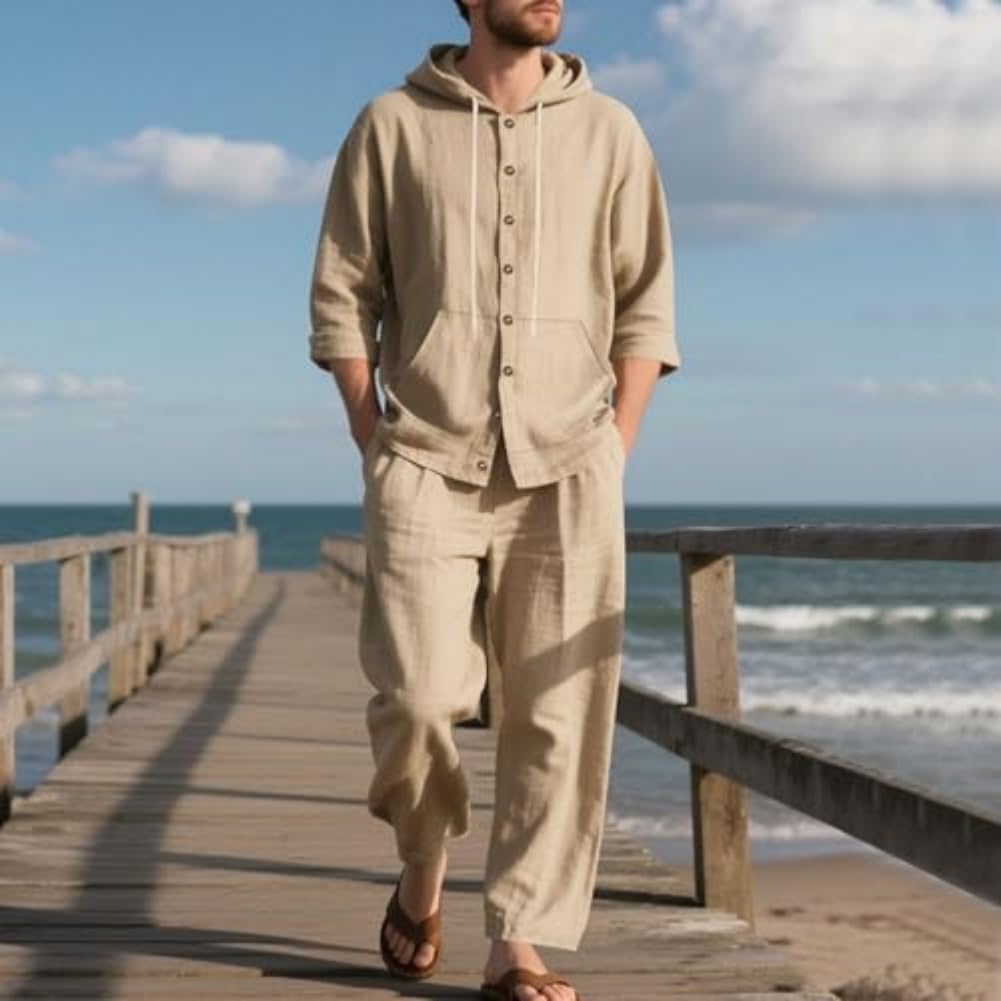 Men's Fashion Casual 2 Piece Solid Color Set, Hooded - Loose Fit Casual Button Shirts Long Pants Two-Piece Set