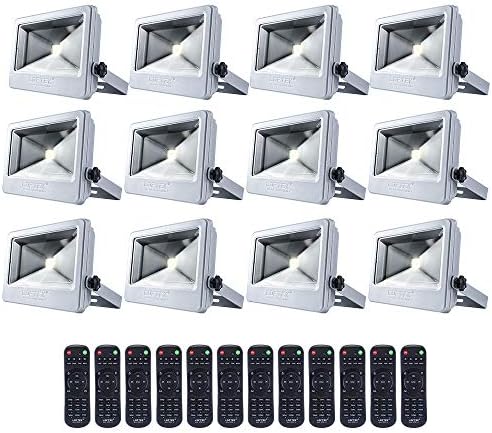 LOFTEK 12-Pack NOVA Plus 50W Timing RGB Flood Light, 6 Levels of Adjustable Brightness Floodlight,16-Color RGB Lighting Outdoor Waterproof IP66 Spotlight with Auto Shut-Off, Silver