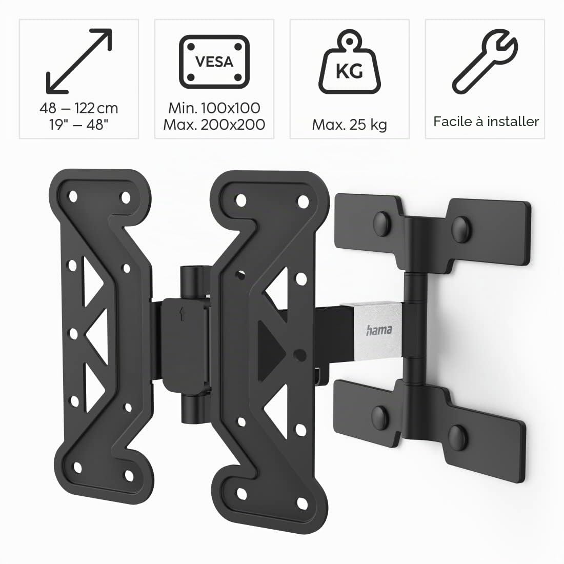Hama Support mural TV FULLMOTION "Ultraslim" pour TV écran plat entre 48 cm et 122 cm (19" à 48"), pivotant et inclinable, jusqu'à 20 kg de charge supportée, VESA 200x200, 1 bras, Noir