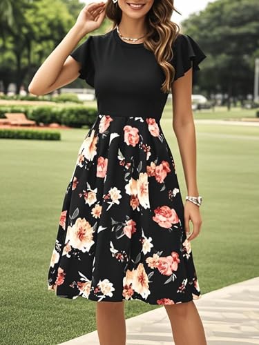 Image of oxiuly Women's Flounce Sleeve Wedding Church Vintage Dresses Casual Floral Party Cocktail Work Dress with Pockets Fei376