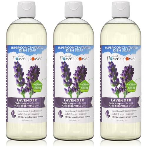 Image of Natural Flower Power Liquid Dish Soap | Lavender 16 Fl Oz | Pack of 3 | Plant-Based & Scented w / Pure Essential Oils | Natural Liquid Dishwashing Detergent | Sulfate-Free Kitchen Soap | Vegan